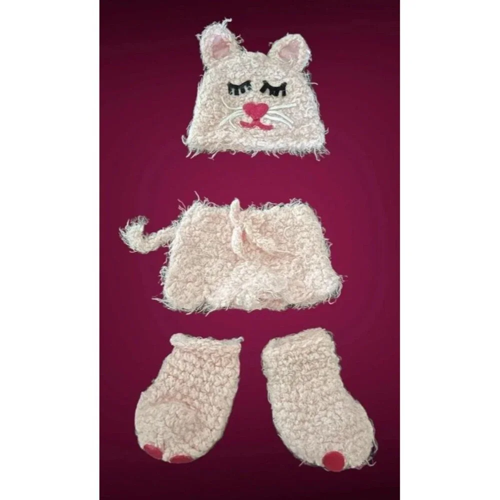 Handmade Newborn Baby Girl 4pc Photo Prop Outfit ~soft pink kitten cat